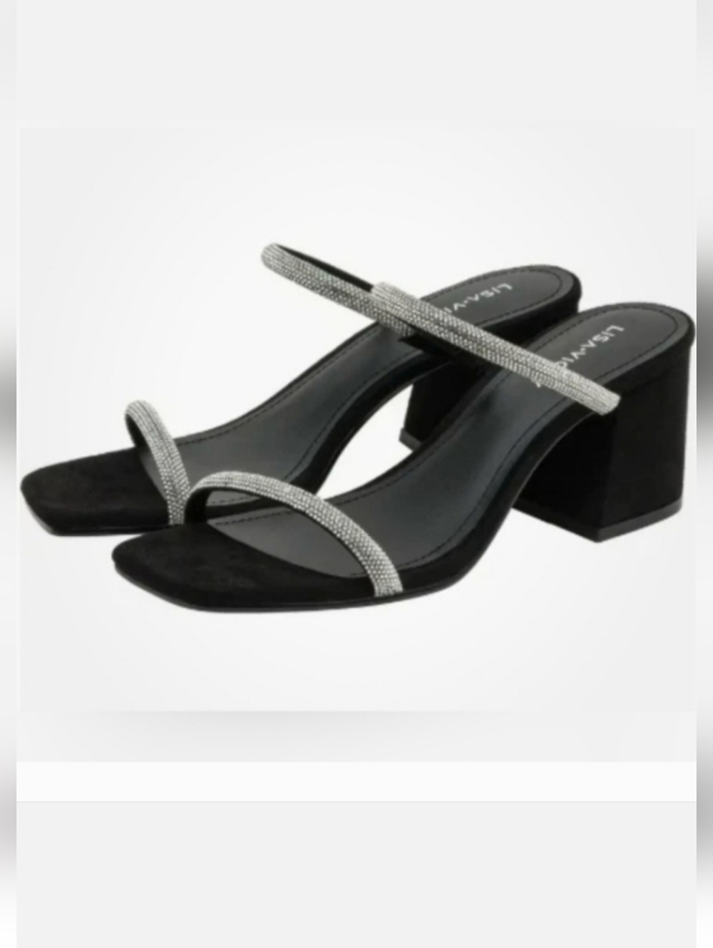 Lisa Vicky Mood Rhinestone Block Heel Slip On Mule Sandals Black NIB Size 7